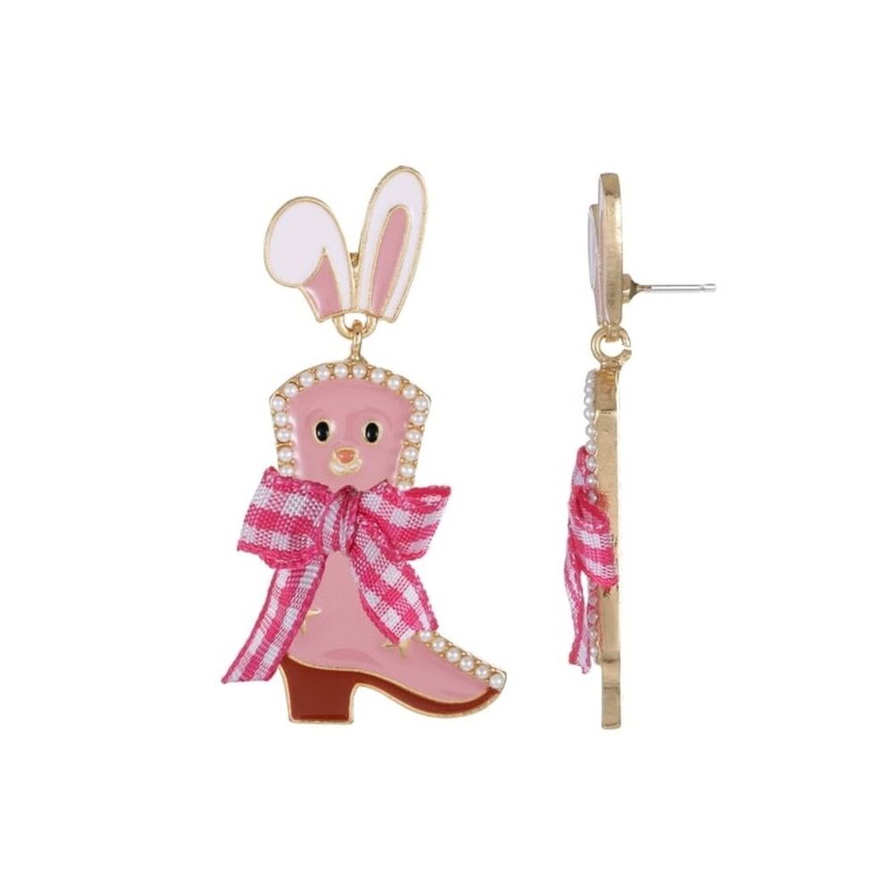 New Easter Pink Bunny Cowboy Boot Drop Earrings